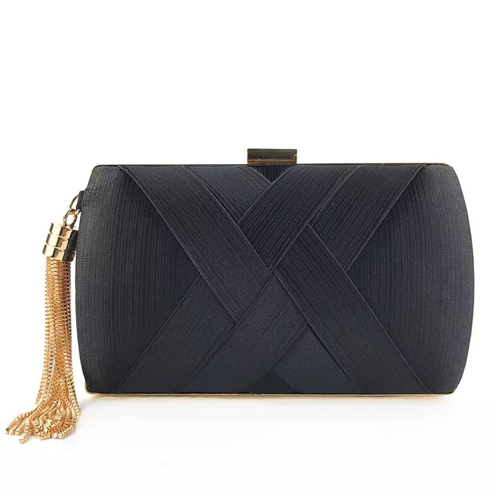 Black Satin Clutch Evening Bag Gold Tassel Chain NWT